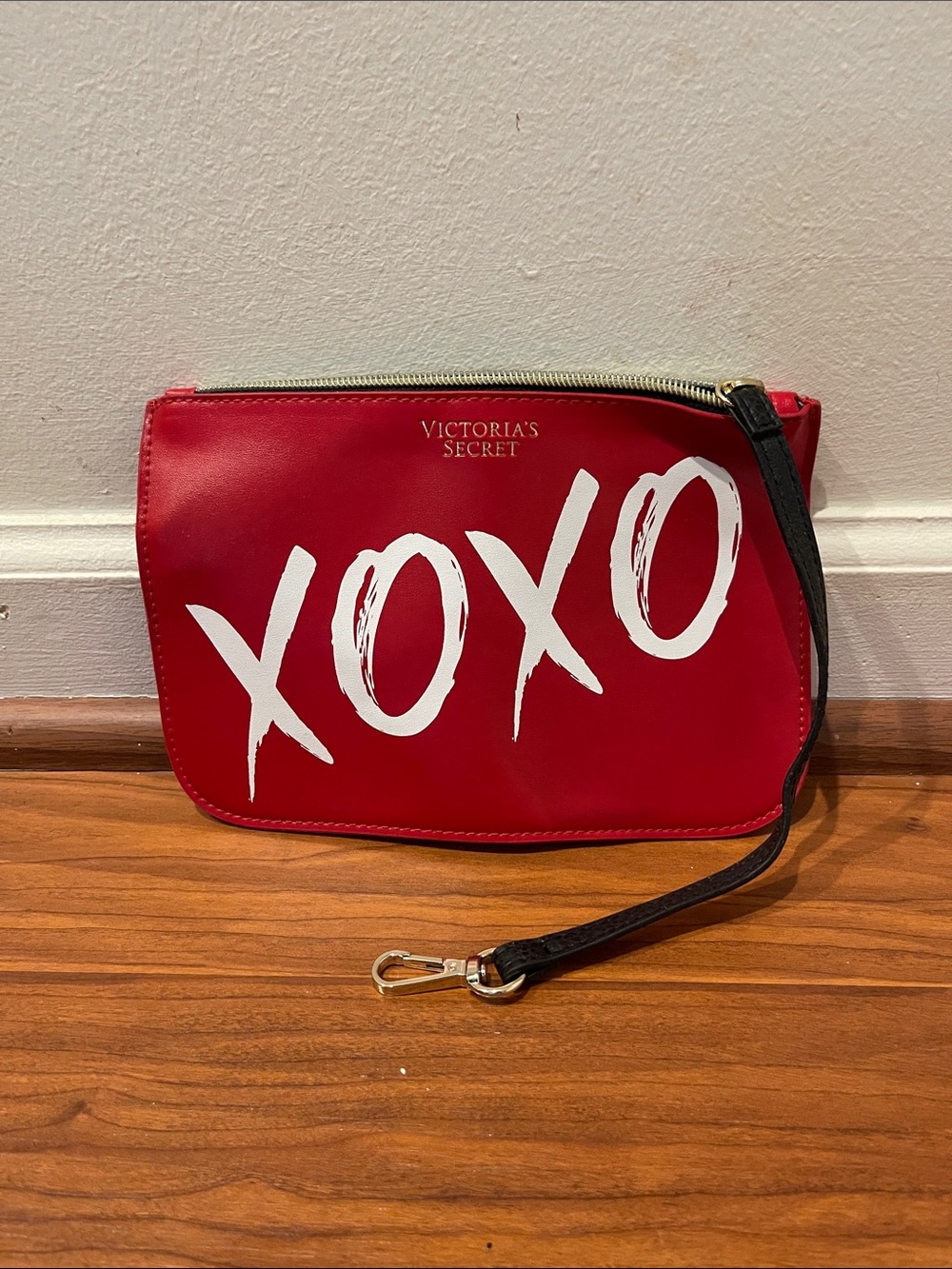Victoria's Secret Red XOXO Cosmetic Wristlet with Black Strap